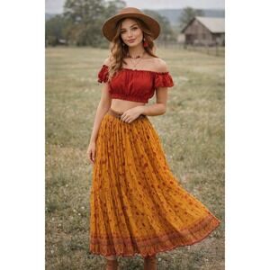 VTG 90s Y2K CrinkleBohoPeasant Skirt Sz 8 Orange Red Floral Paisley ElasticWaist